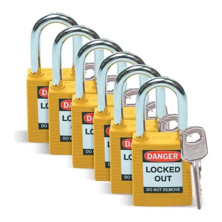 Brady Brady Lockout Padlock, Keyed Differently, 1-1/2", Plastic/Steel, Yellow, 6/Pack 51346